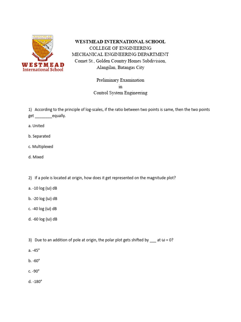 Control System Prelim Exam | PDF | Electrical Engineering | Teaching ...