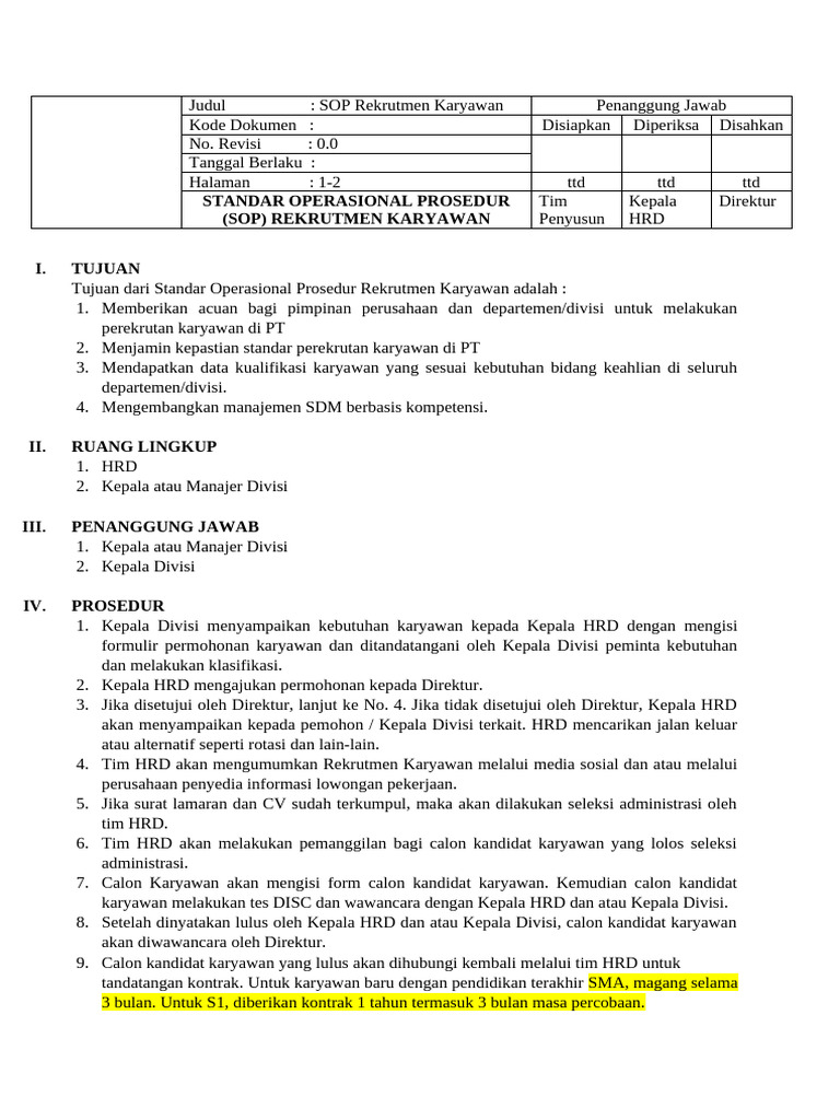 Draft - 01 - SOP REKRUTMEN KARYAWAN | PDF