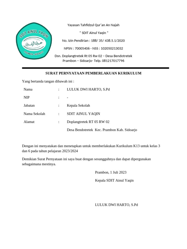 Surat Pernyataan Kurikulum Pdf