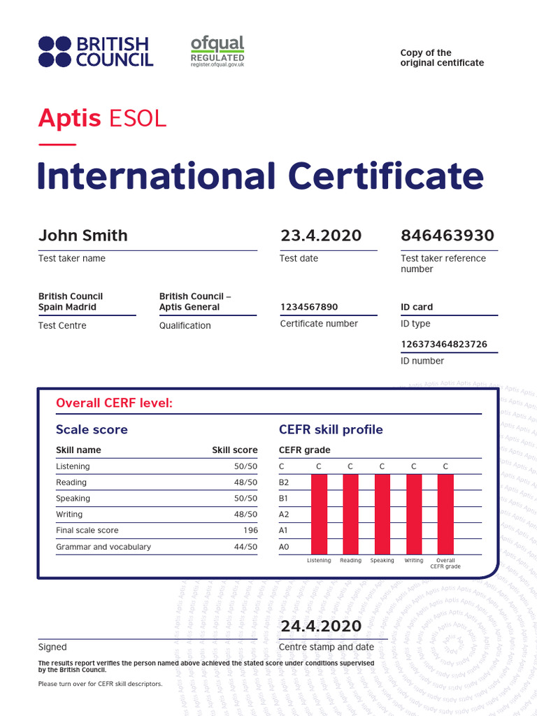 Sample of Aptis Esol Certificate | PDF