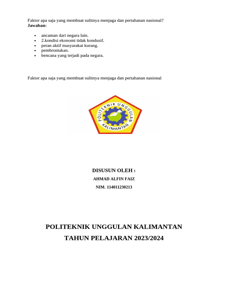 Tugas Problem Yg Dihadapi Dalam Ketahanan Dan Pertahanan Nasional | PDF ...