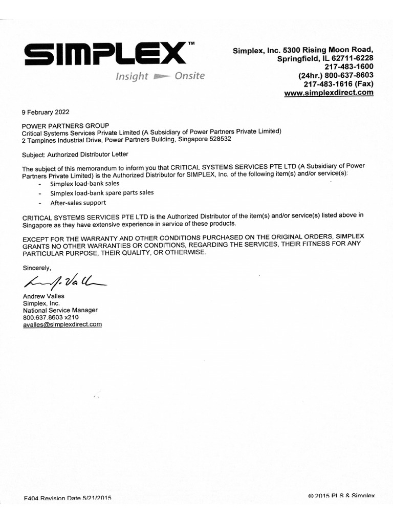 SIMPLEX Loadbank Authorized Distributor Letter | PDF