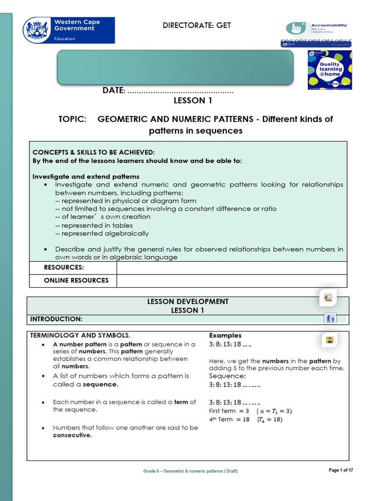 Lesson Plan Gr. 8 Mathematics Term 2 Week 4 & 5 Geometric & Numeric ...