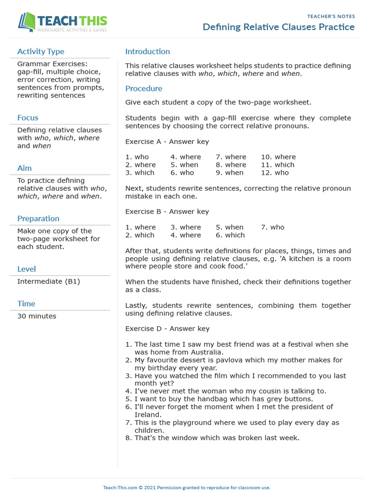 Defining Relative Clauses Practice | PDF