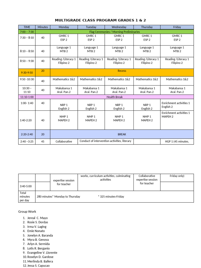 Yellow Team Mg Class Program By Grade Level 1 2 Pdf