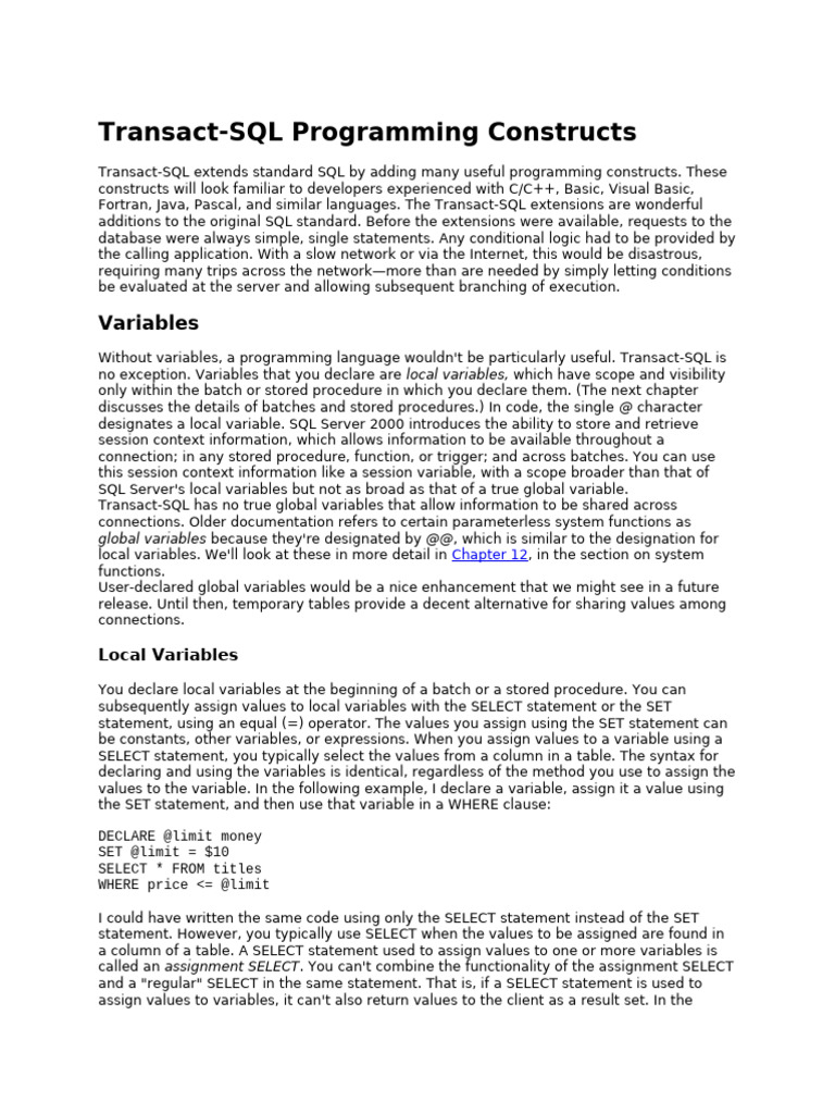 Transact SQL Programming Constructs PDF Transact sql programming constructs pdf