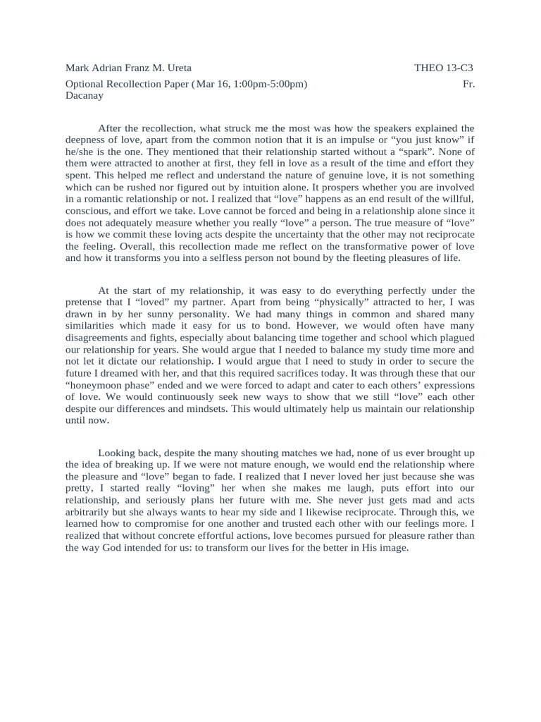 Ureta TheologyReflectionPaper Recollection | PDF