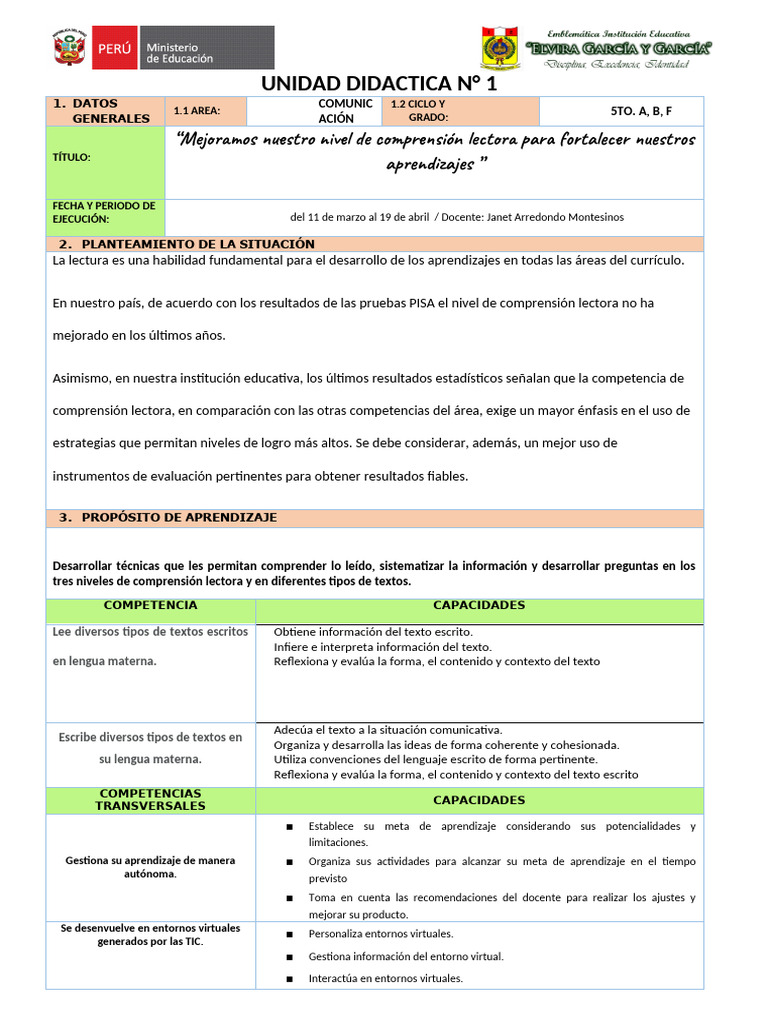 5to Unidad de Aprendizaje 1 | PDF | Comprensión lectora | Evaluación