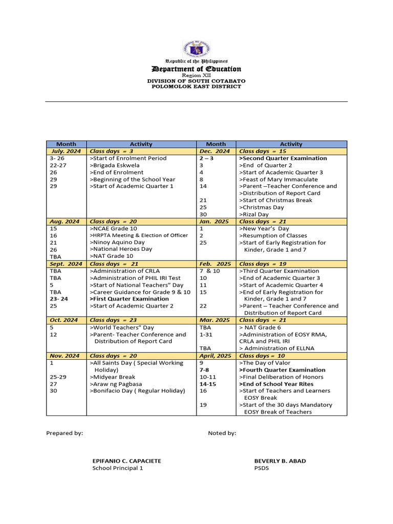 SY 2024-2025 School Calendar Activities | PDF | Philippines | Observances