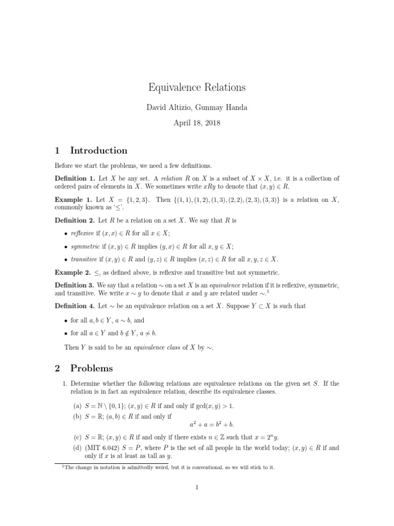 Equivalence Relations. (MIT, David Altizio, Gunmay Handa) . | PDF