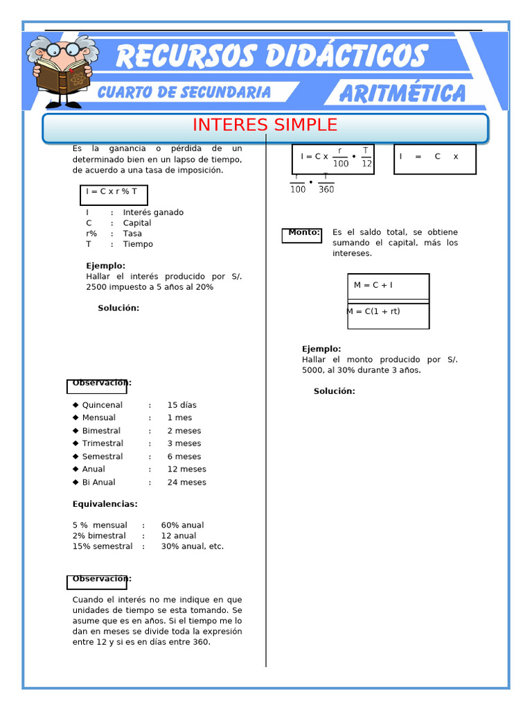 Problemas de Interes Simple para Cuarto de Secundaria | PDF