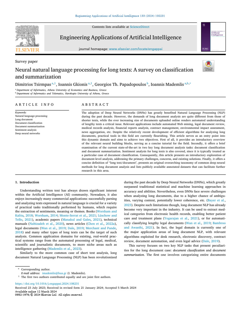Neural Natural Language Processing For Long Texts. A Survey On ...