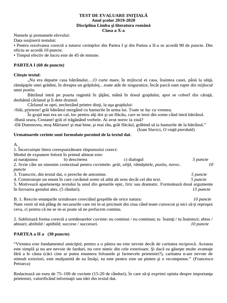 Test Evaluare Cls A 10 A | PDF