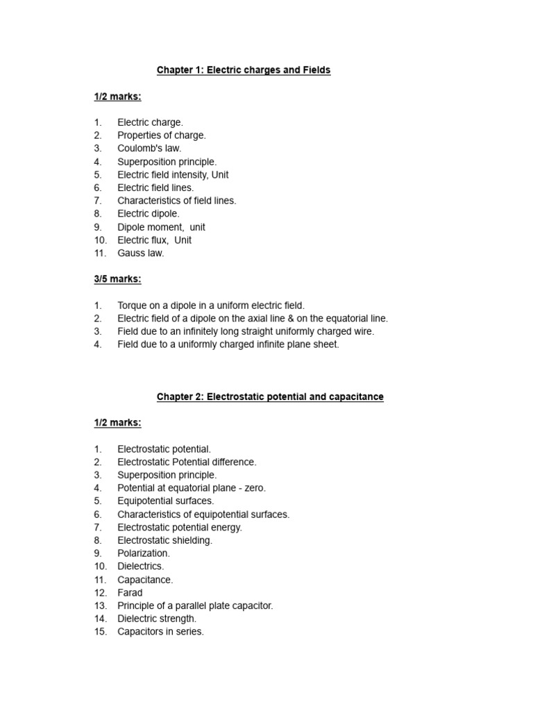 Chapter 1: Electric Charges and Fields 1/2 Marks | PDF