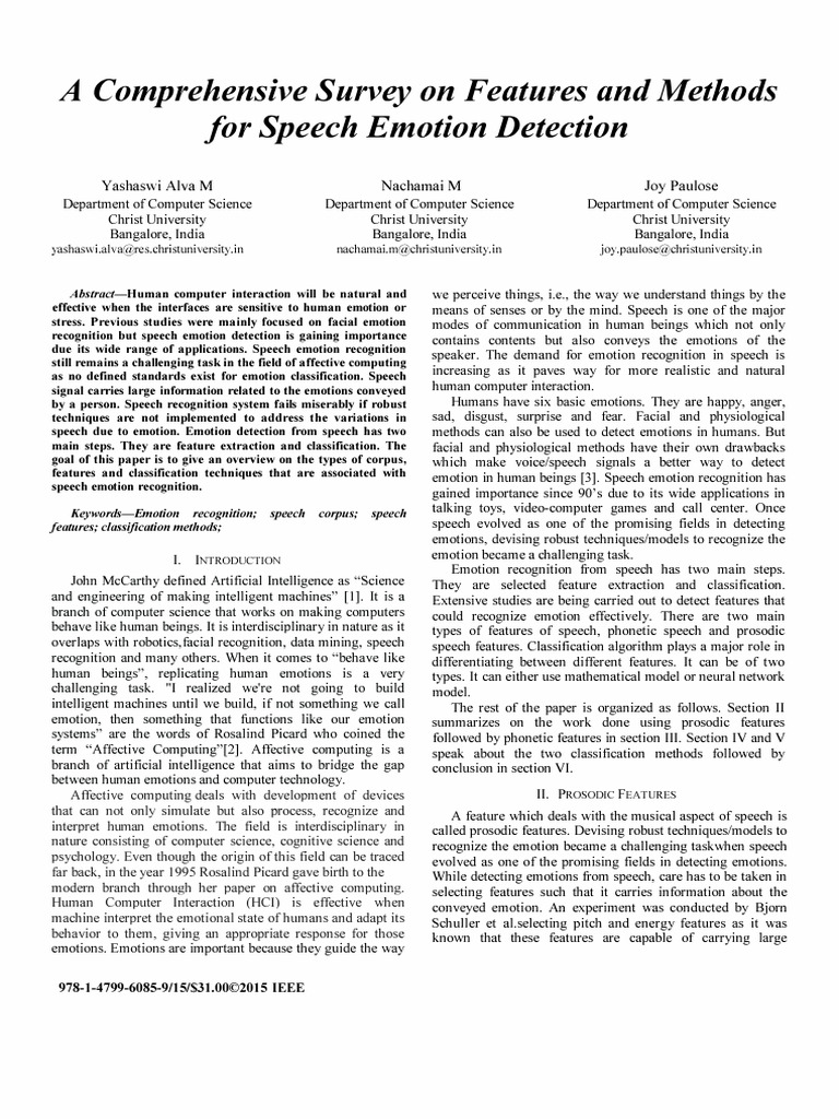 A Comprehensive Survey On Features and Methods For Speech Emotion ...