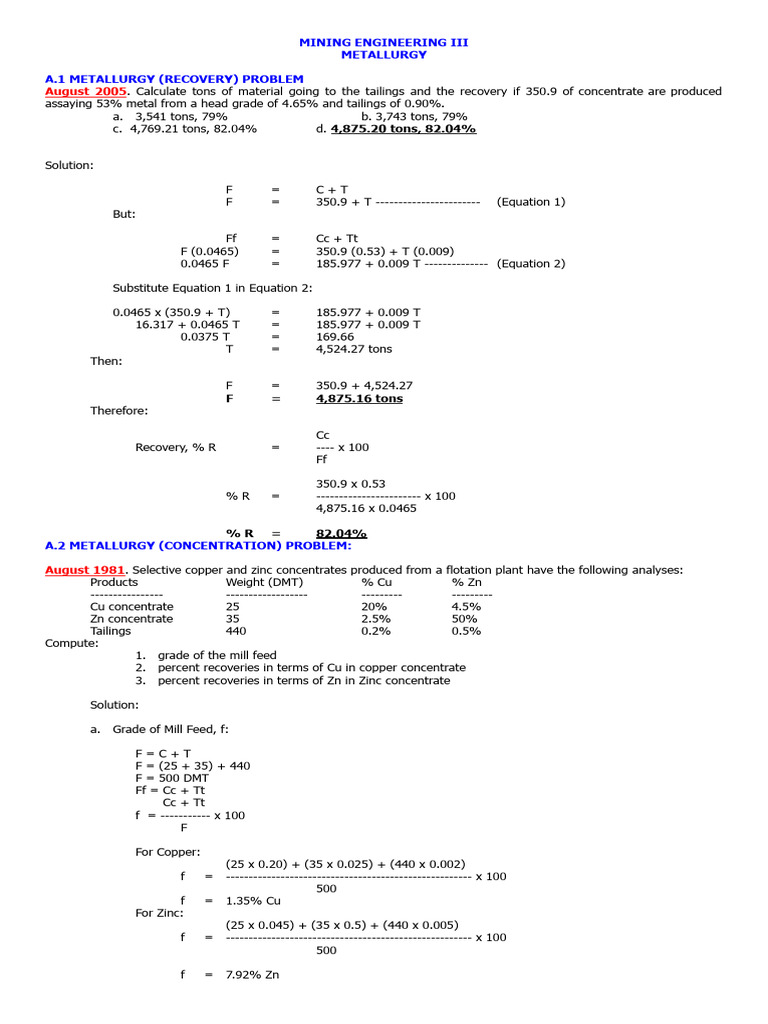Metallurgical Calculations and Solutions | PDF | Ore | Chemical Compounds