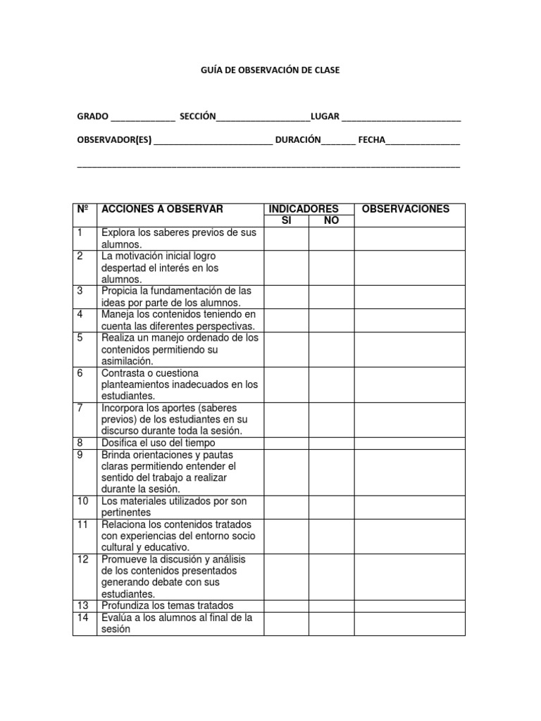 GUÍA DE OBSERVACIÓN DE CLASE