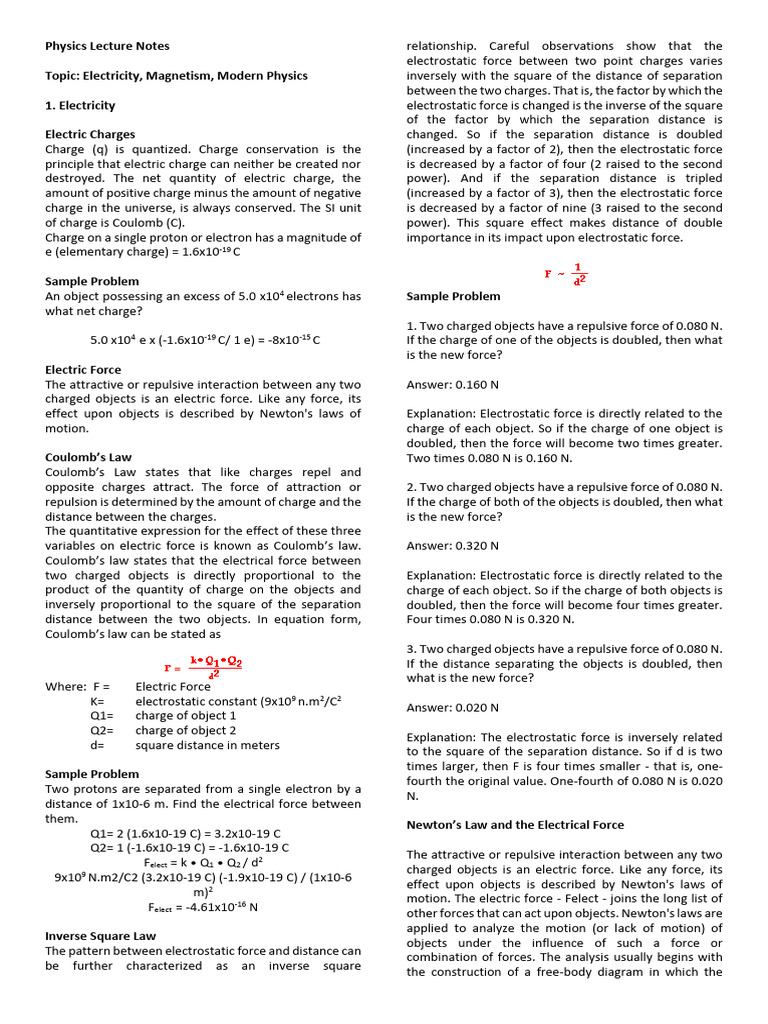 Physics Lecture Notes. Electricity - Magnetism. Modern Physics | PDF