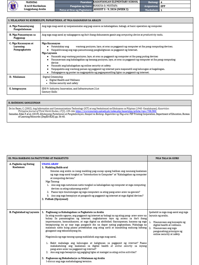 DLL Matatag - Epp 4 Q1 W2 | PDF