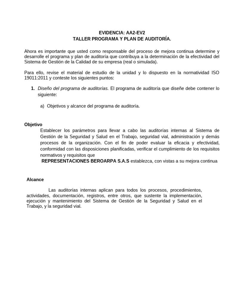 Taller Programa y Plan de Auditoria | PDF