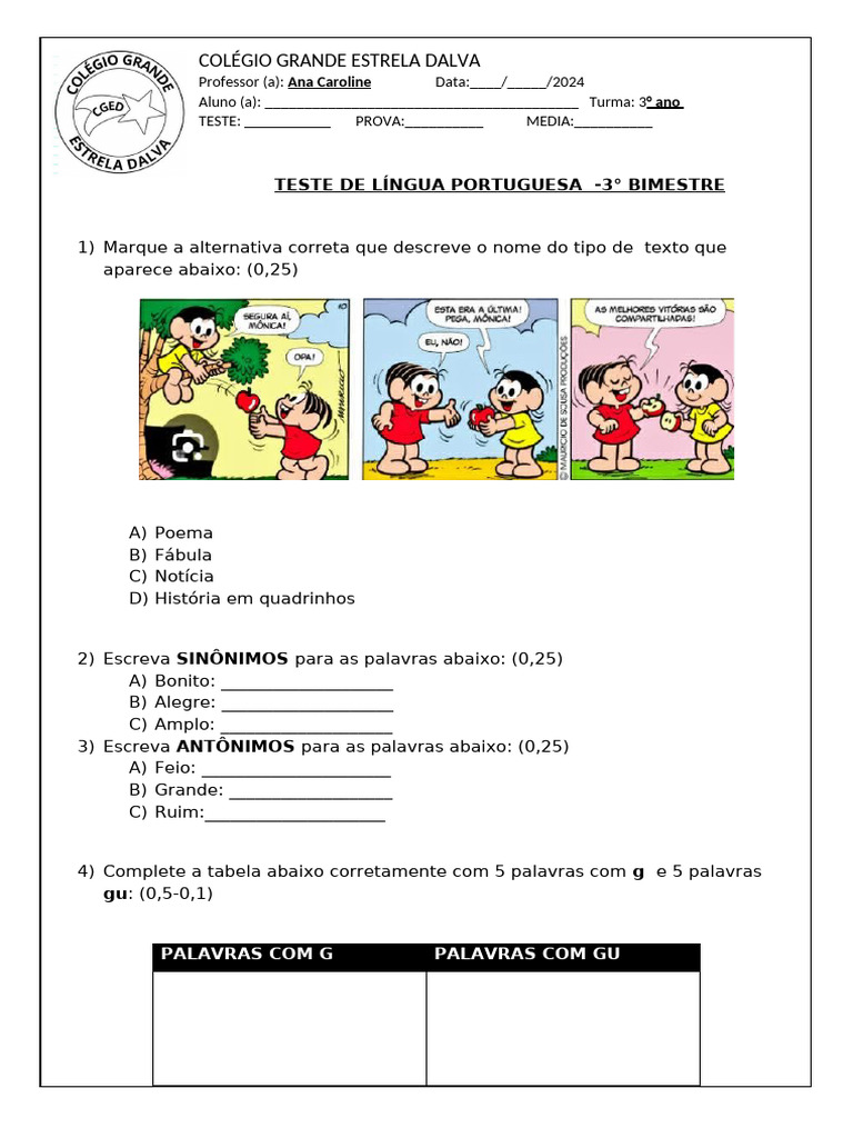 Teste de Língua Portuguesa 3°bim | PDF