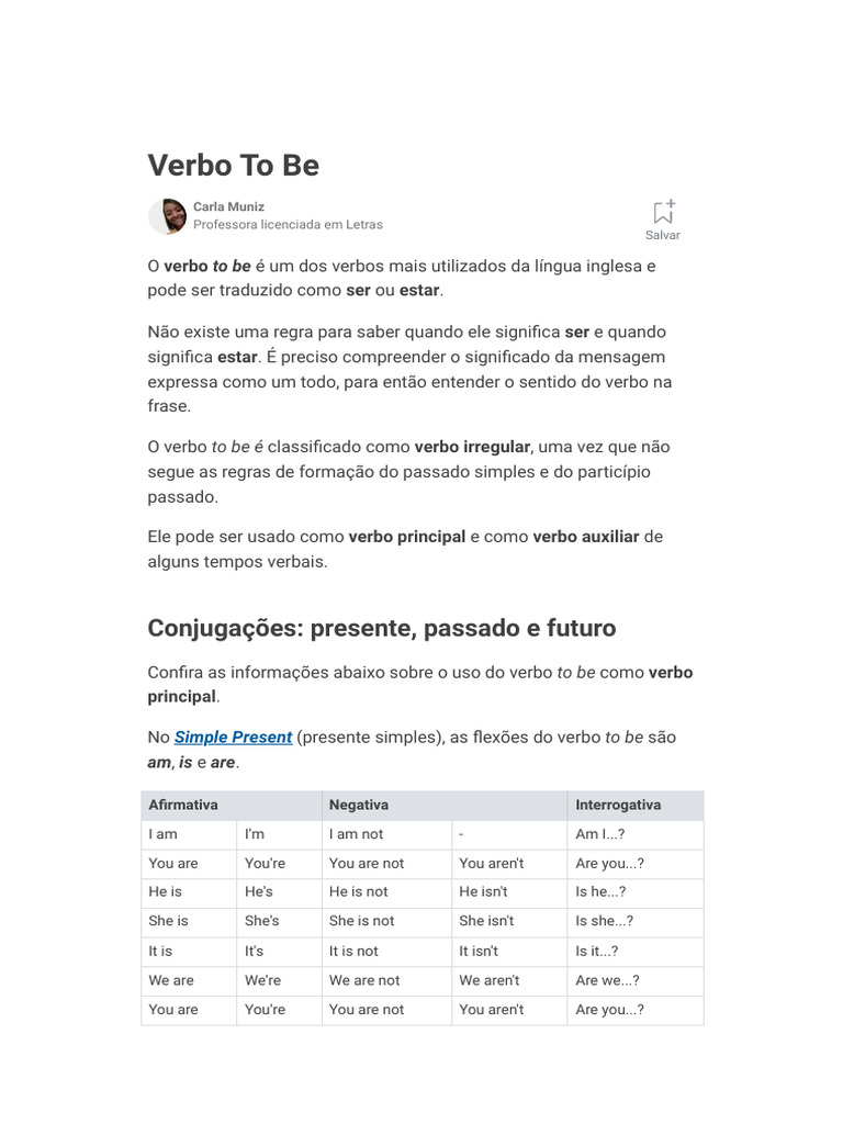 Verbo To Be - Usos, Conjugações, Exemplos e Exercícios - Toda Matéria | PDF