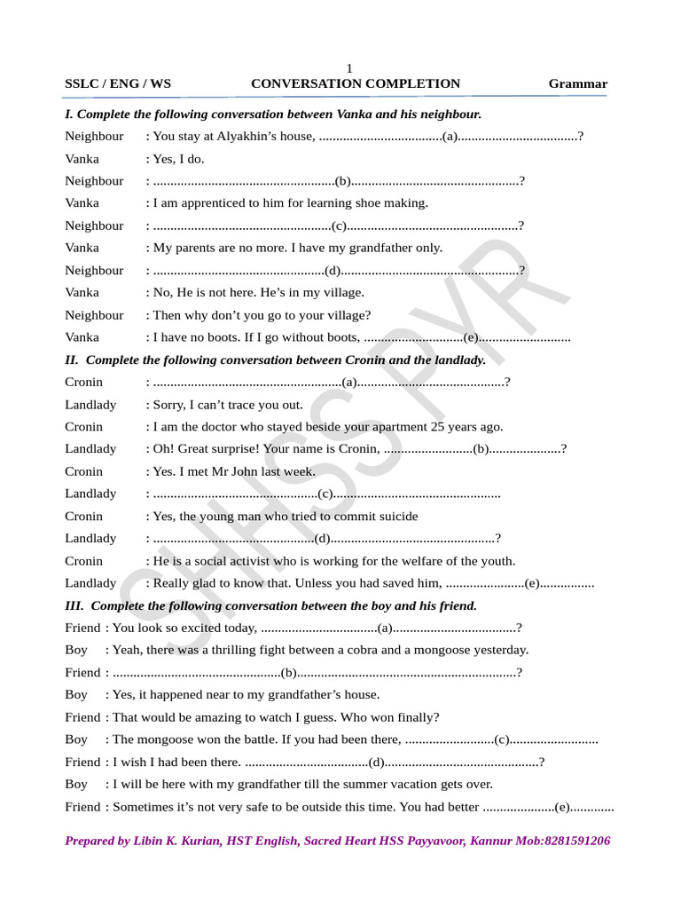 Conversation Completion Exercises for SSLC | PDF | Home & Garden
