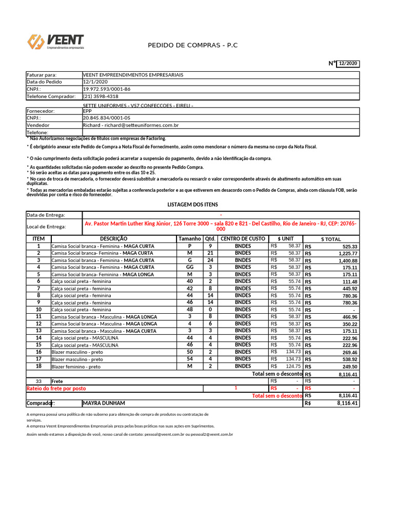 02 - PEDIDO DE COMPRAS - UNIFORME Veent | PDF