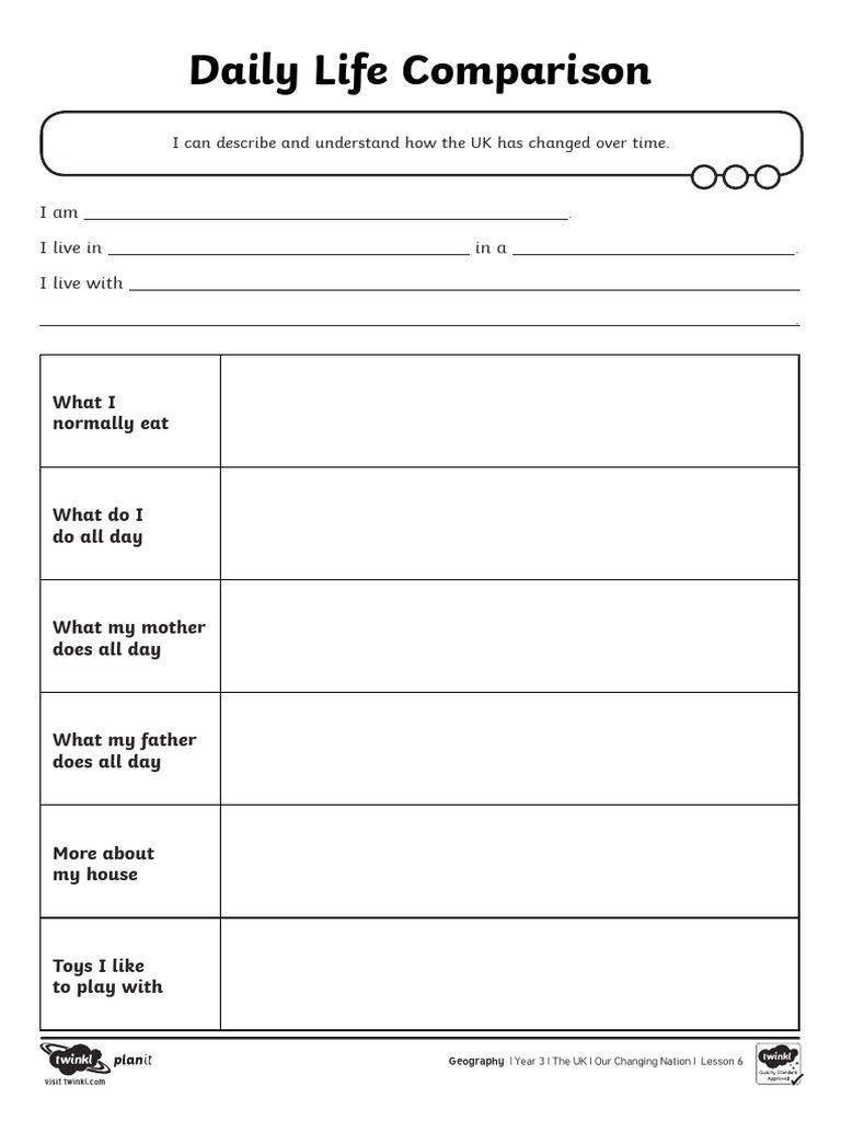 Daily Life Comparison Activity Sheet | PDF