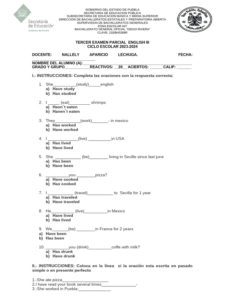Examen Parcial de Inglés III 2023 | PDF