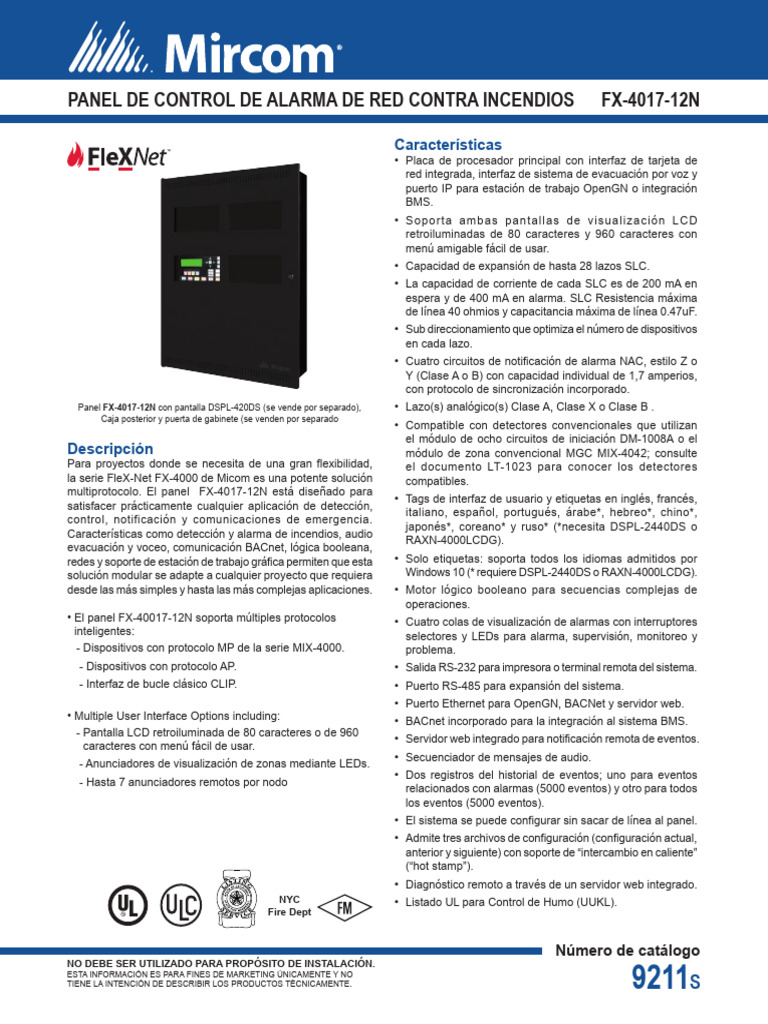 Panel de Control de Alarma de Red Contra Incendios Fx-4017-12N | PDF