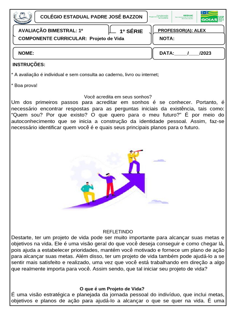 1 Série Projeto de Vida 1 Bimestre | PDF