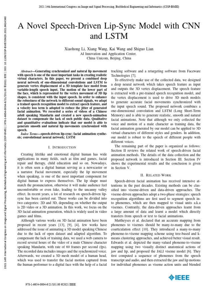 A Novel Speech-Driven Lip-Sync Model With CNN and LSTM | PDF | Speech ...