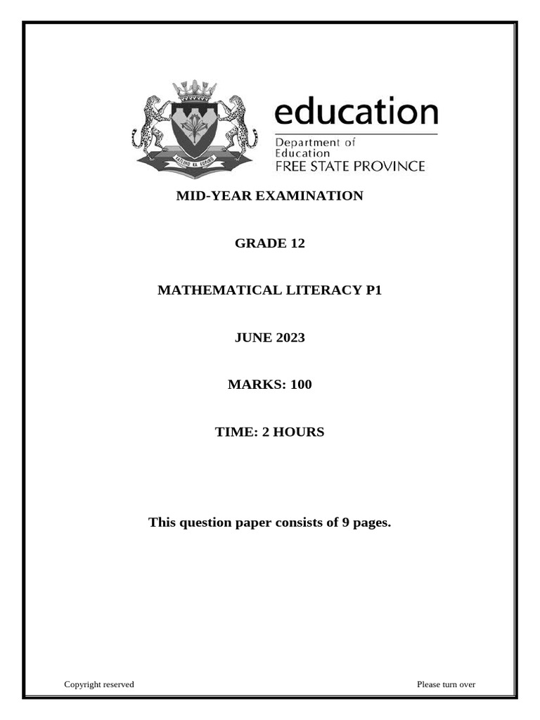 Final Mathematical Literacy Grade 12 June P1 2023 | PDF