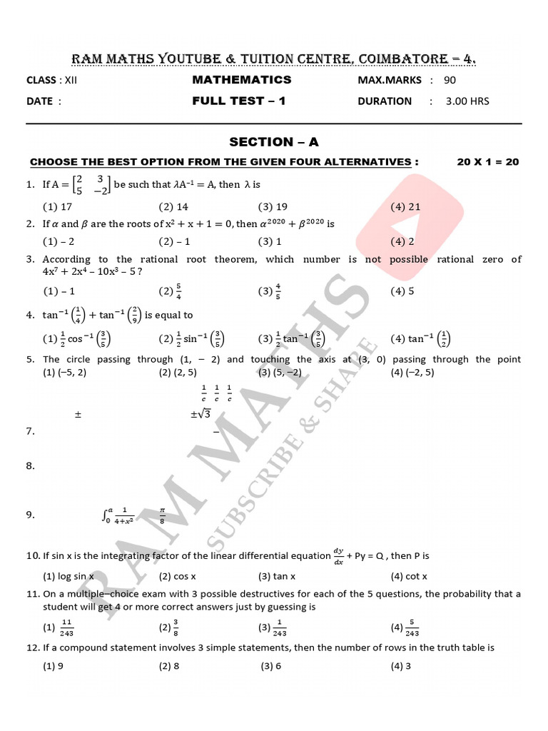 Full Test - 1 | PDF | Area | Equations