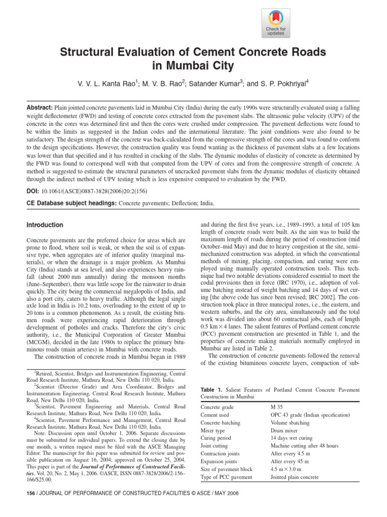 (ASCE) Structural Evaluation of Cement Concrete Roads in Mumbai City | PDF