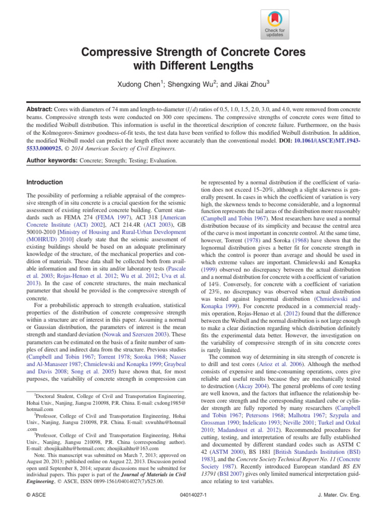 (ASCE) Compressive Strength of Concrete Cores With Different Lengths | PDF