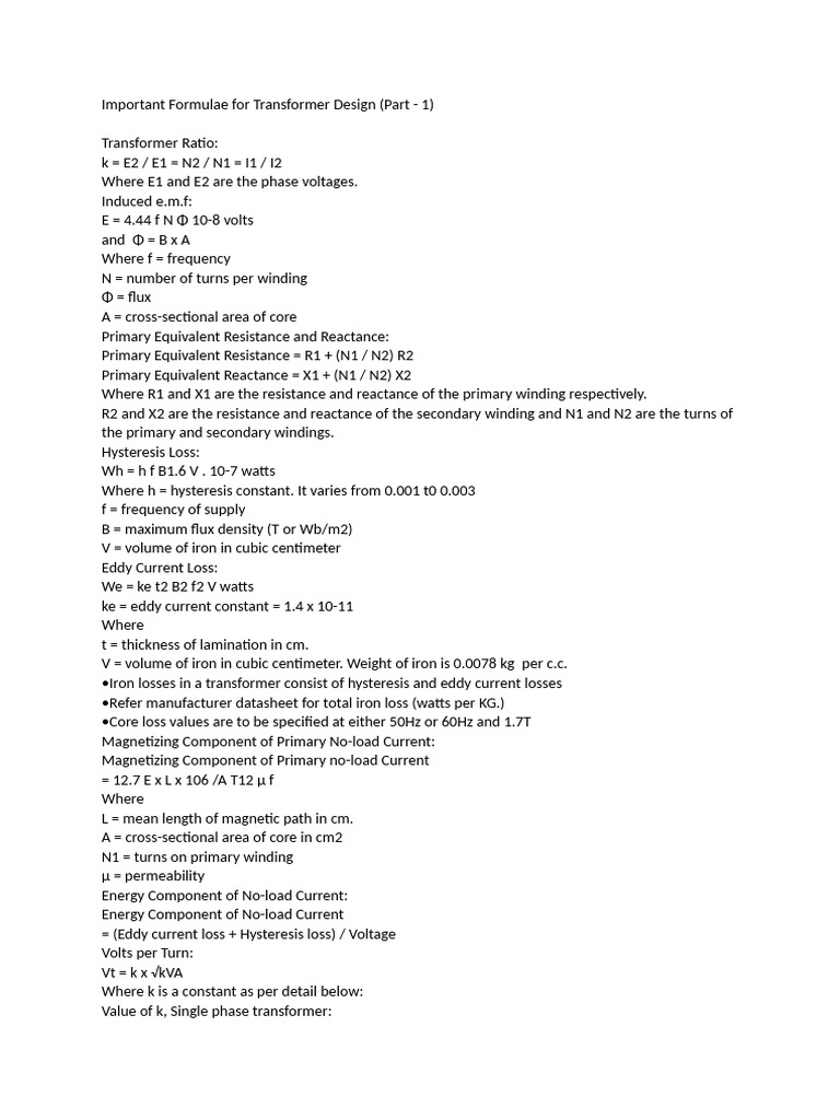 Important Formulae For Transformer Design | PDF
