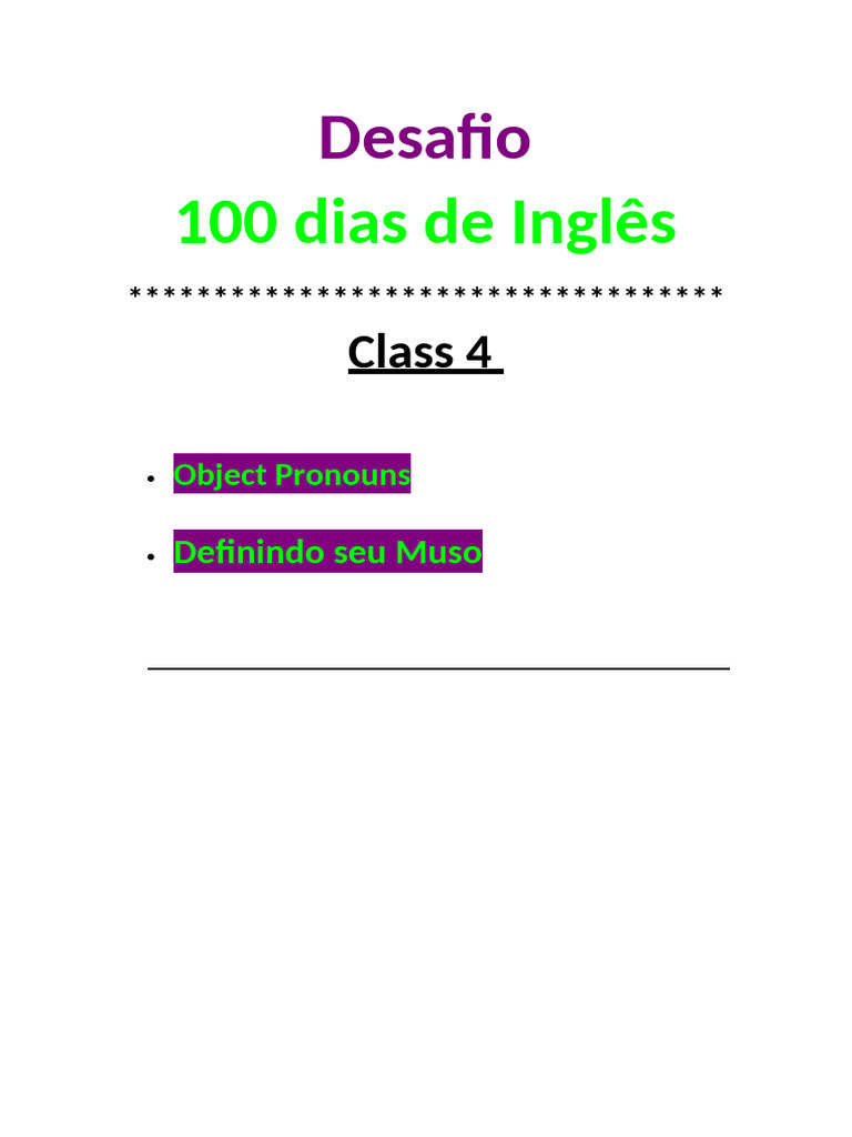 Desafio+Class+4+-+Object+Pronouns+,+O+Muso | PDF