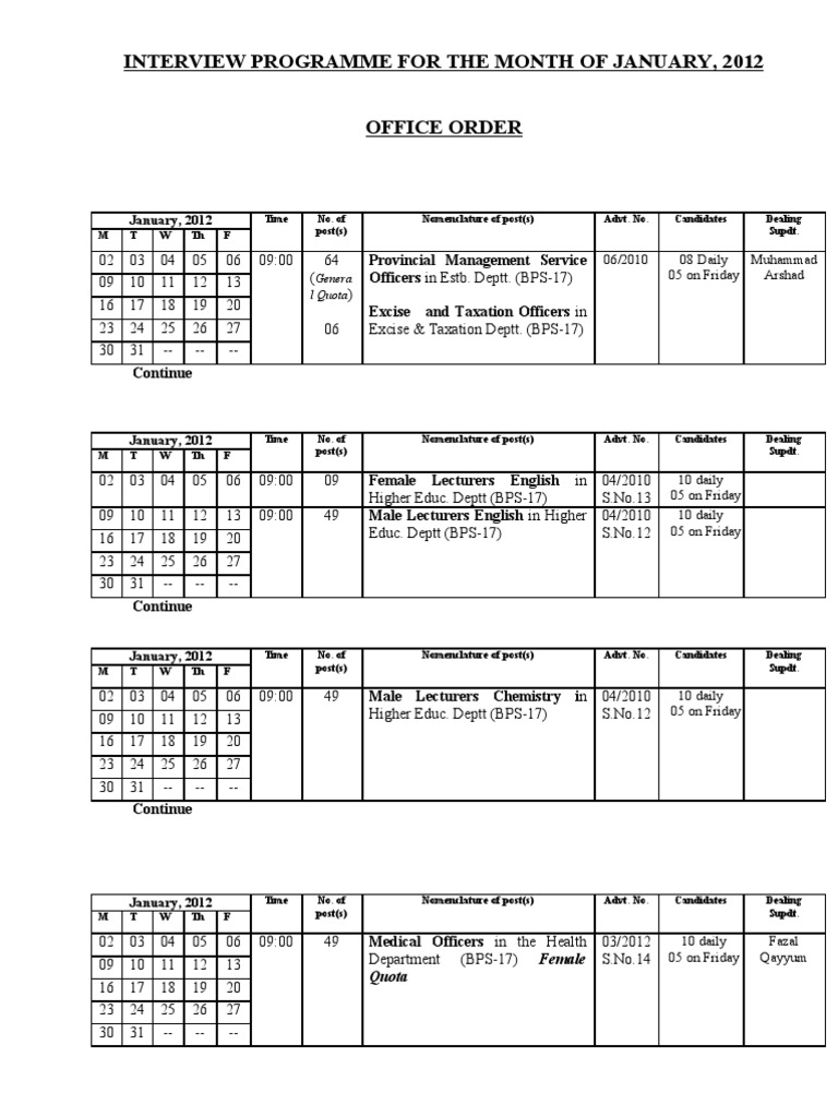 Interview Programme For The Month of January, 2012 | PDF