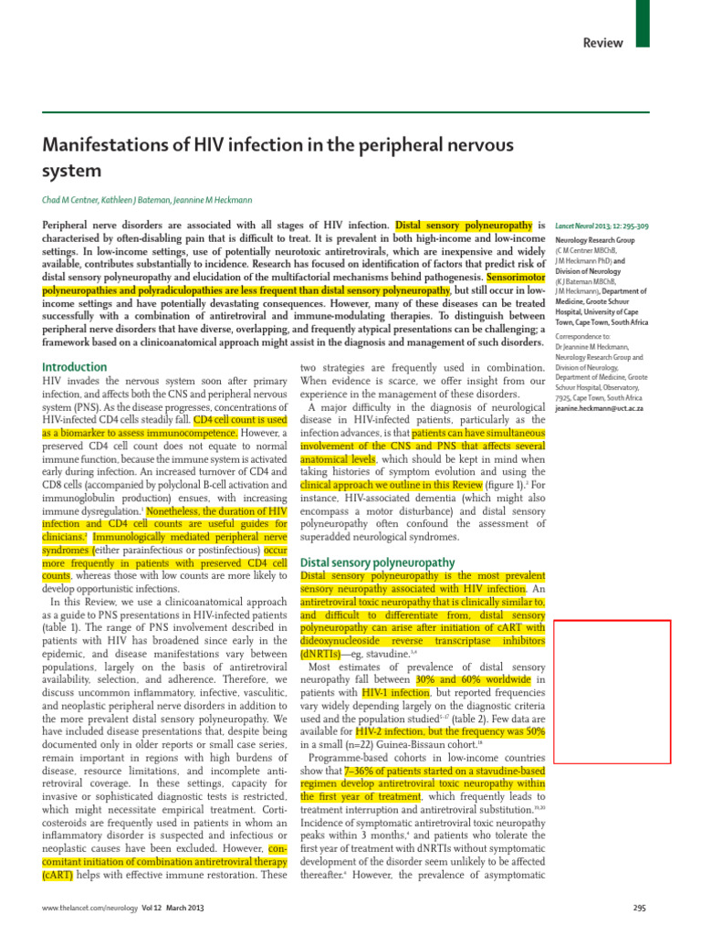 Manifestations of HIV Infection in The Peripheral Nervous System | PDF