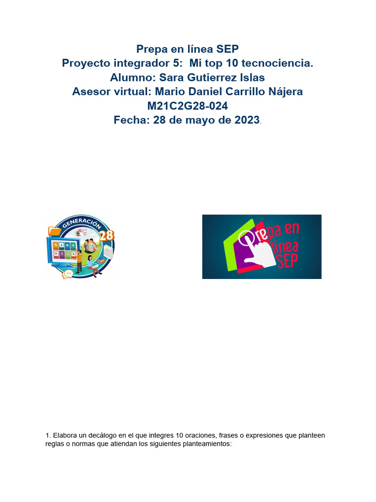 Proyecto Integrador Modulo 21 Prepa En Linea Sep Pdf