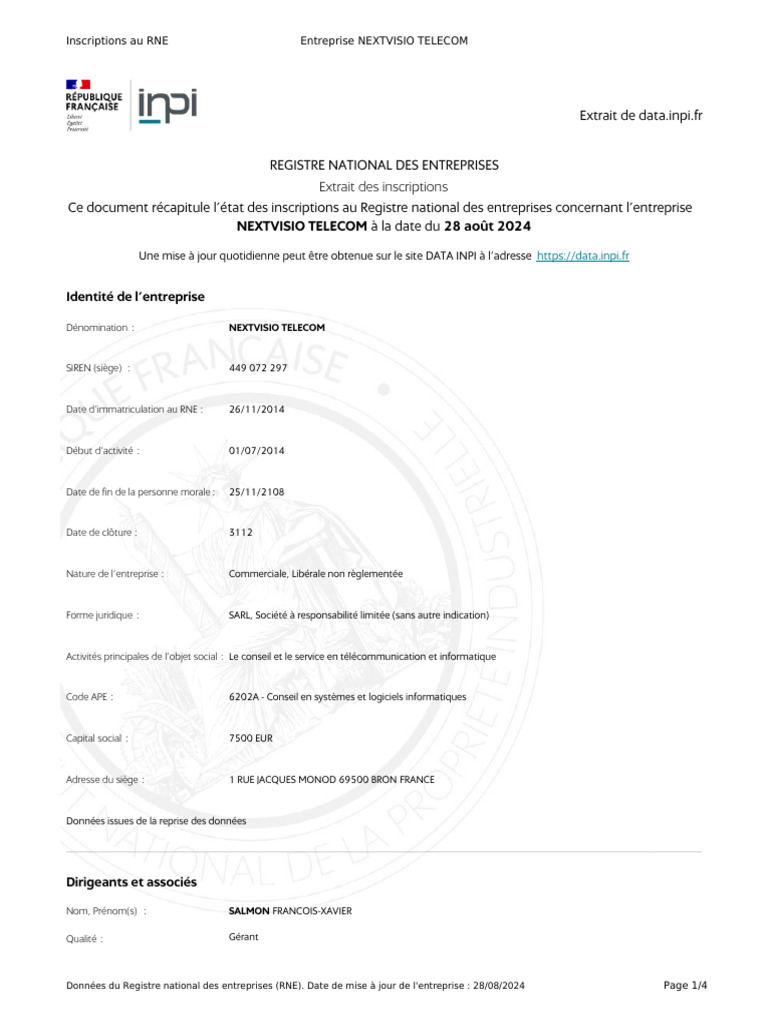 NEXTVISIO TELECOM - Extrait INPI | PDF