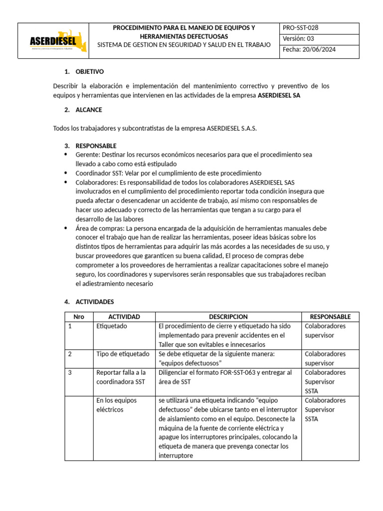PRO-SST-028 Procedimiento para El Manejo de Equipos y Herramientas ...