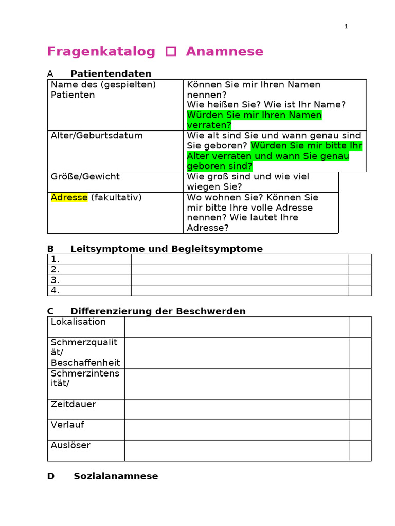 Anamnese Struktur | PDF
