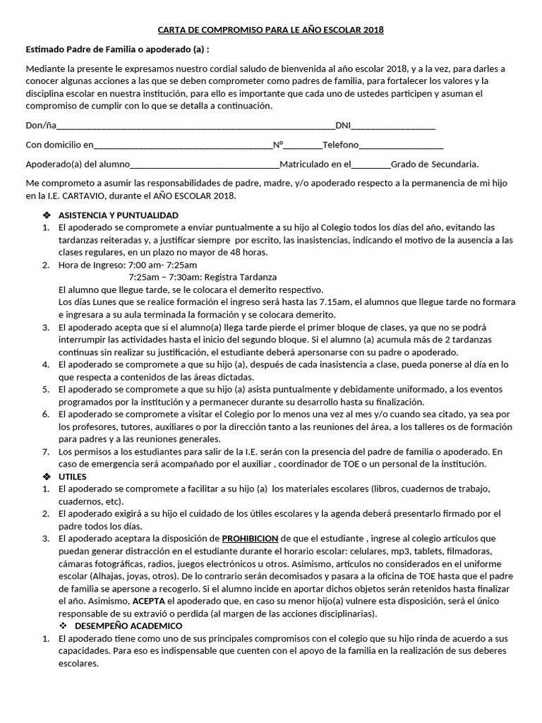 Carta de Compromiso para Le Año Escolar | PDF | Disciplinas ...