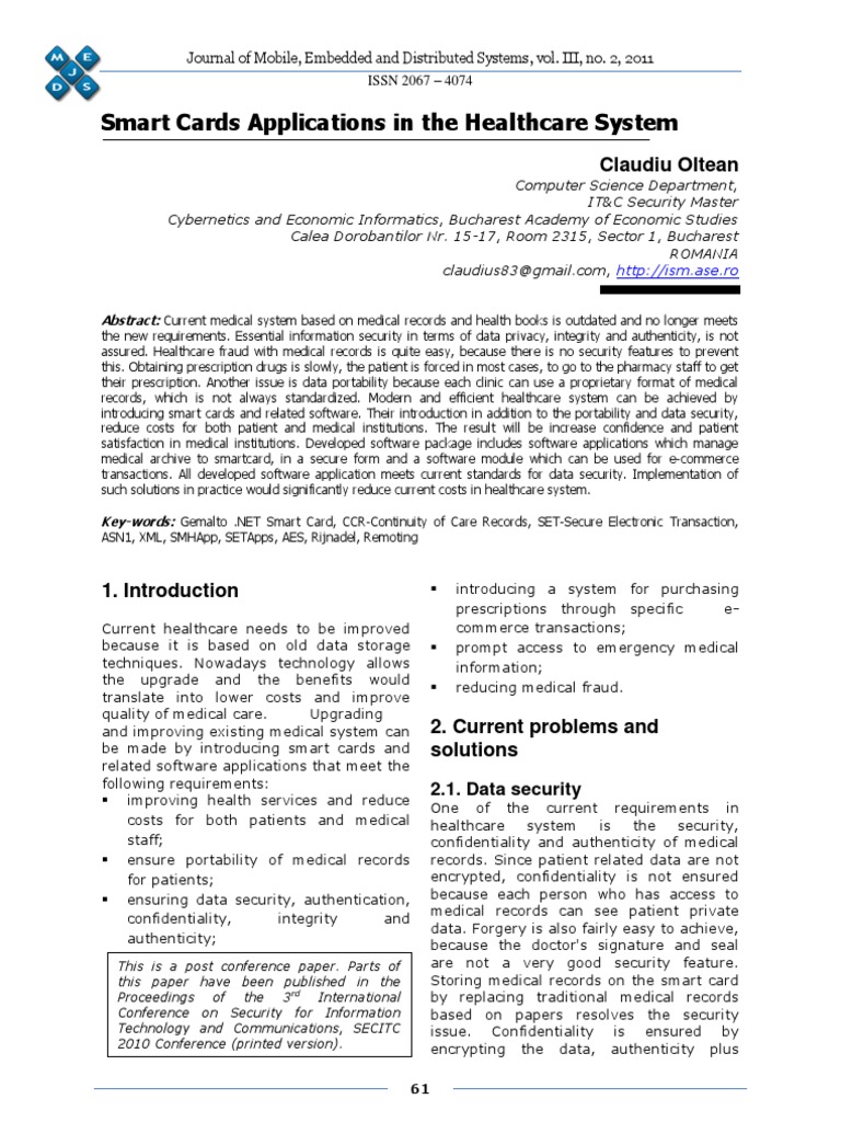 Smart Cards Applications in the Healthcare System Smart Card Medical Record