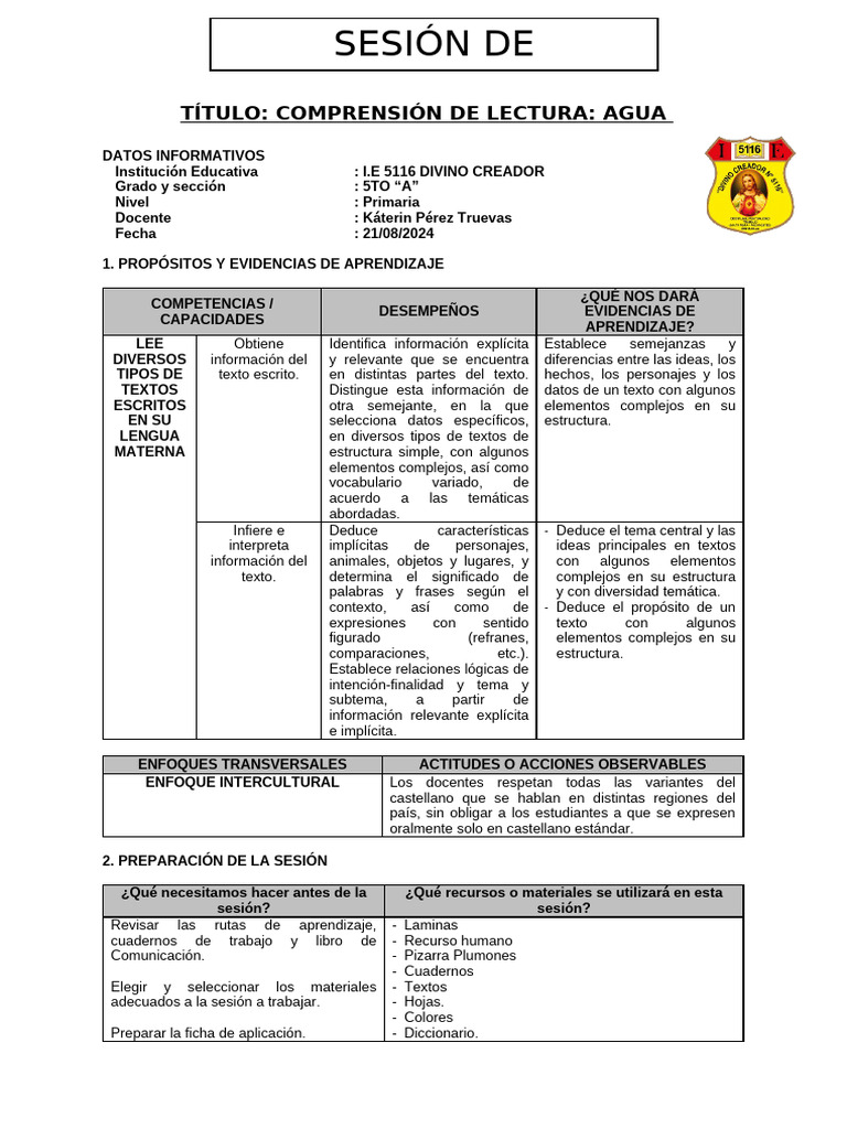 Sesion De Aprendizaje Plan Lector Agua Pdf