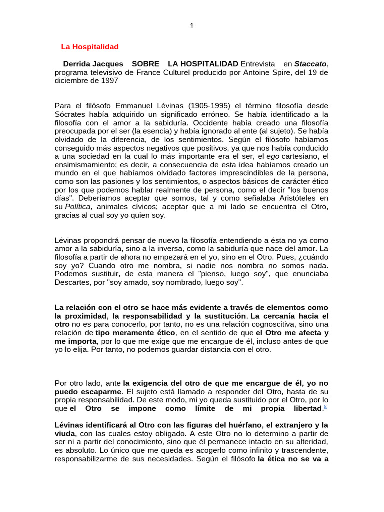 Ética de la hospitalidad en Lévinas | PDF | Amor | Tolerancia