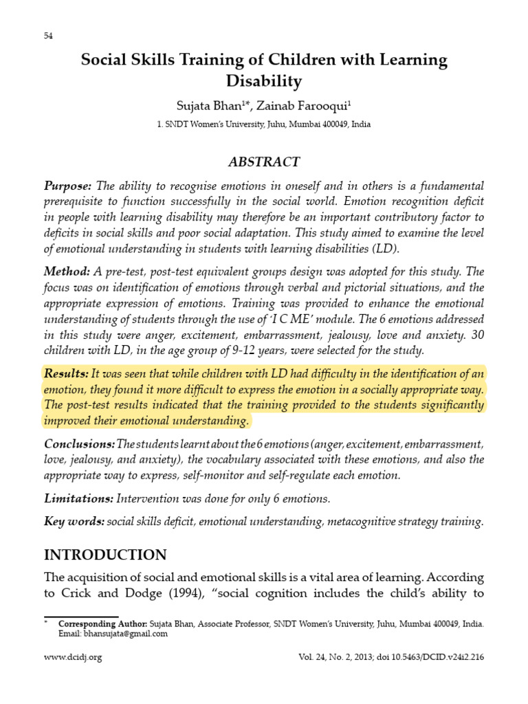 Bhan. 2013. SOcial Skills Training of Children With Learning Disability ...